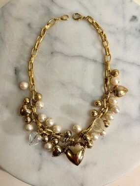 Vintage 80s Gold Charm Necklace Heart Faux Pearl Statement Chunky